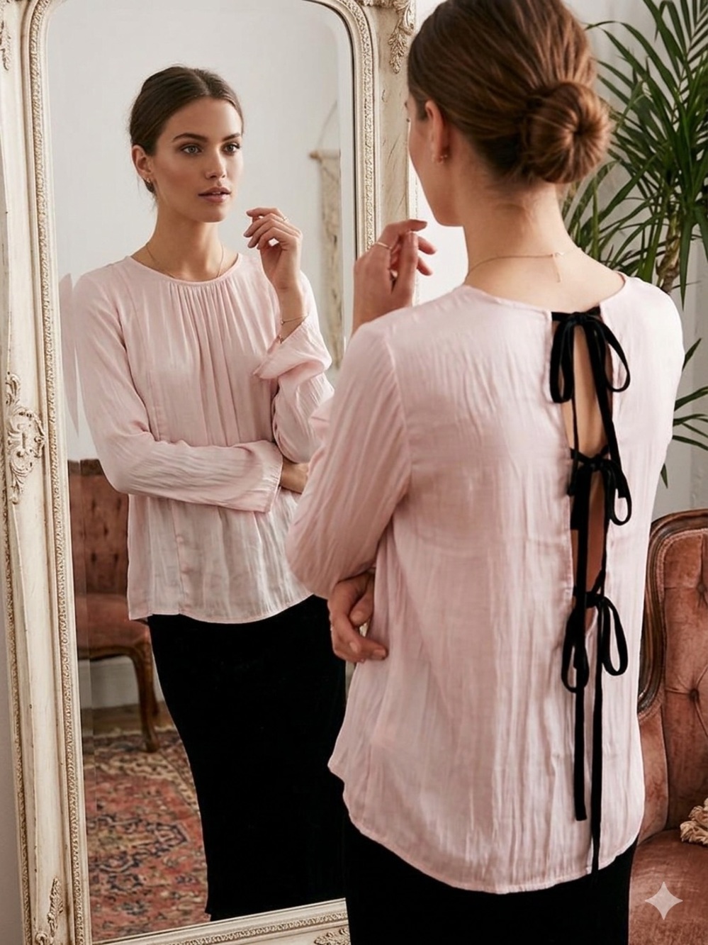 Free People Blush Pink Long-Sleeve Pleated Front Open-Back Tie Blouse